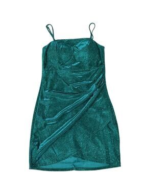 Crystal Doll Emerald Green Glitter Ruched Tulip Mini Dress Juniors 11 Full Bust